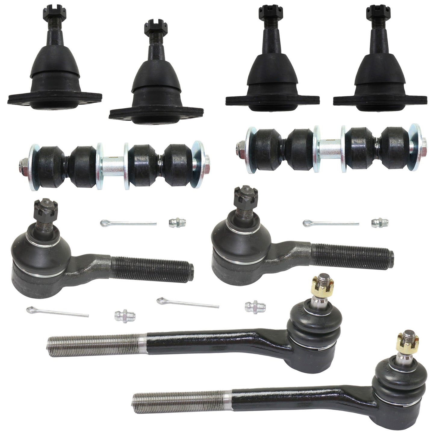 10-Piece Kit Front, Driver and Passenger Side, Upper or Front, Driver and Passenger Side, Lower Ball Joint, includes (4) Ball Joint, (2) Sway Bar Link, and (4) Tie Rod End