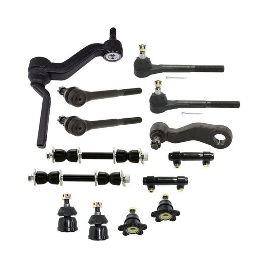 14-Piece Kit Front Idler Arm, Includes (4) Ball Joint, (1) Idler Arm, (1) Pitman Arm, (2) Sway Bar Link, (2) Tie Rod Adjusting Sleeve, and (4) Tie Rod End