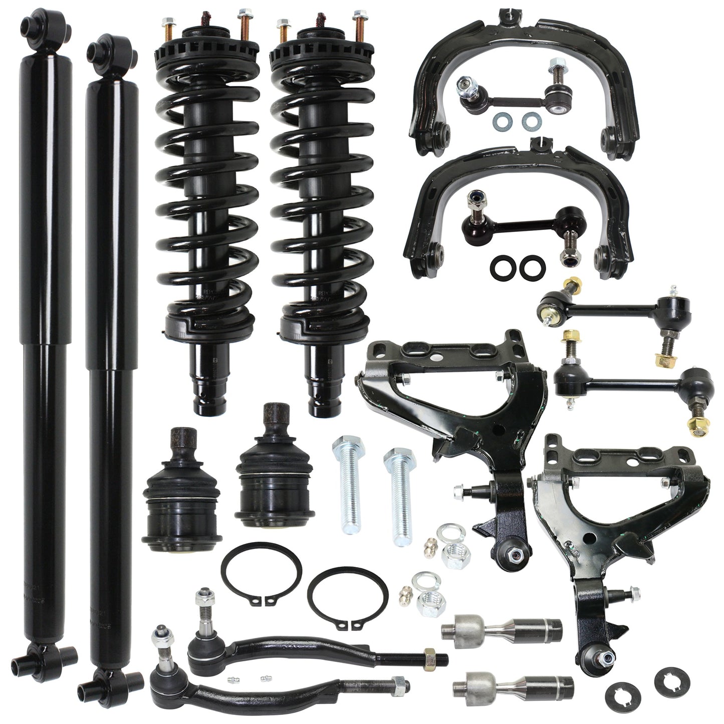 18-Piece Kit Front, Driver and Passenger Side, Upper and Lower Control Arm, Includes (4) Control Arm, (4) Tie Rod End, (4) Sway Bar Link, (2) Ball Joint and (4) Shock Absorber and Strut Assembly