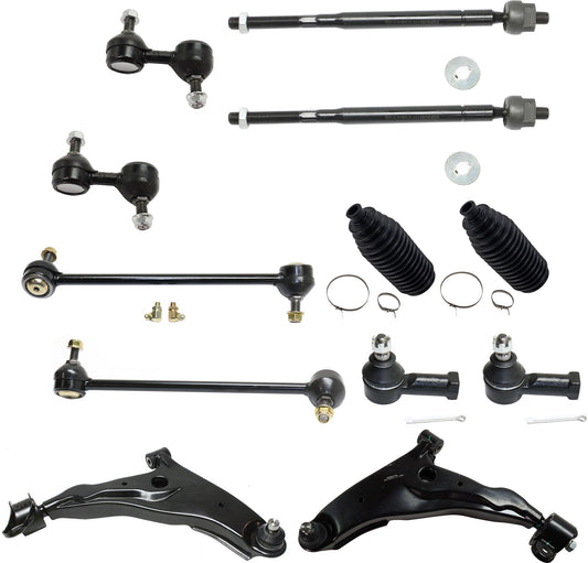 12-Piece Kit Front, Driver and Passenger Side, Lower Control Arm, Includes (2) Control Arm, (2) Steering Rack Boot, (4) Tie Rod End and (4) Sway Bar Link