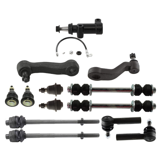 13-Piece Kit Idler Arm Bracket, Includes (4) Ball Joint, (1) Idler Arm, (1) Idler Arm Bracket, (1) Pitman Arm, (2) Sway Bar Link, and (4) Tie Rod End