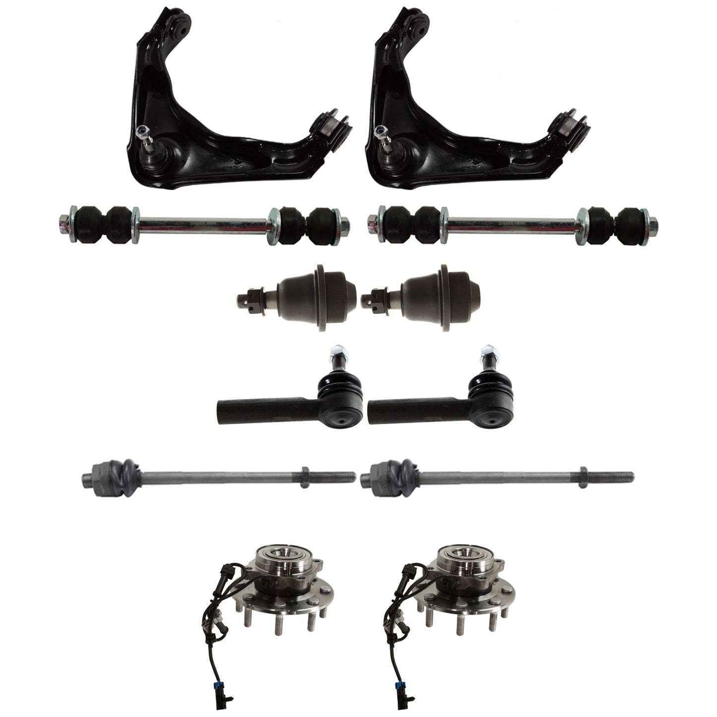 2-Wheel Set Front Wheel Hub, 8 Lugs, With Bearing, With Sensor, 4WD, Includes (2) Wheel Hub, (2) Control Arm, (2) Ball Joint, (4) Tie Rod End and (2) Sway Bar Link