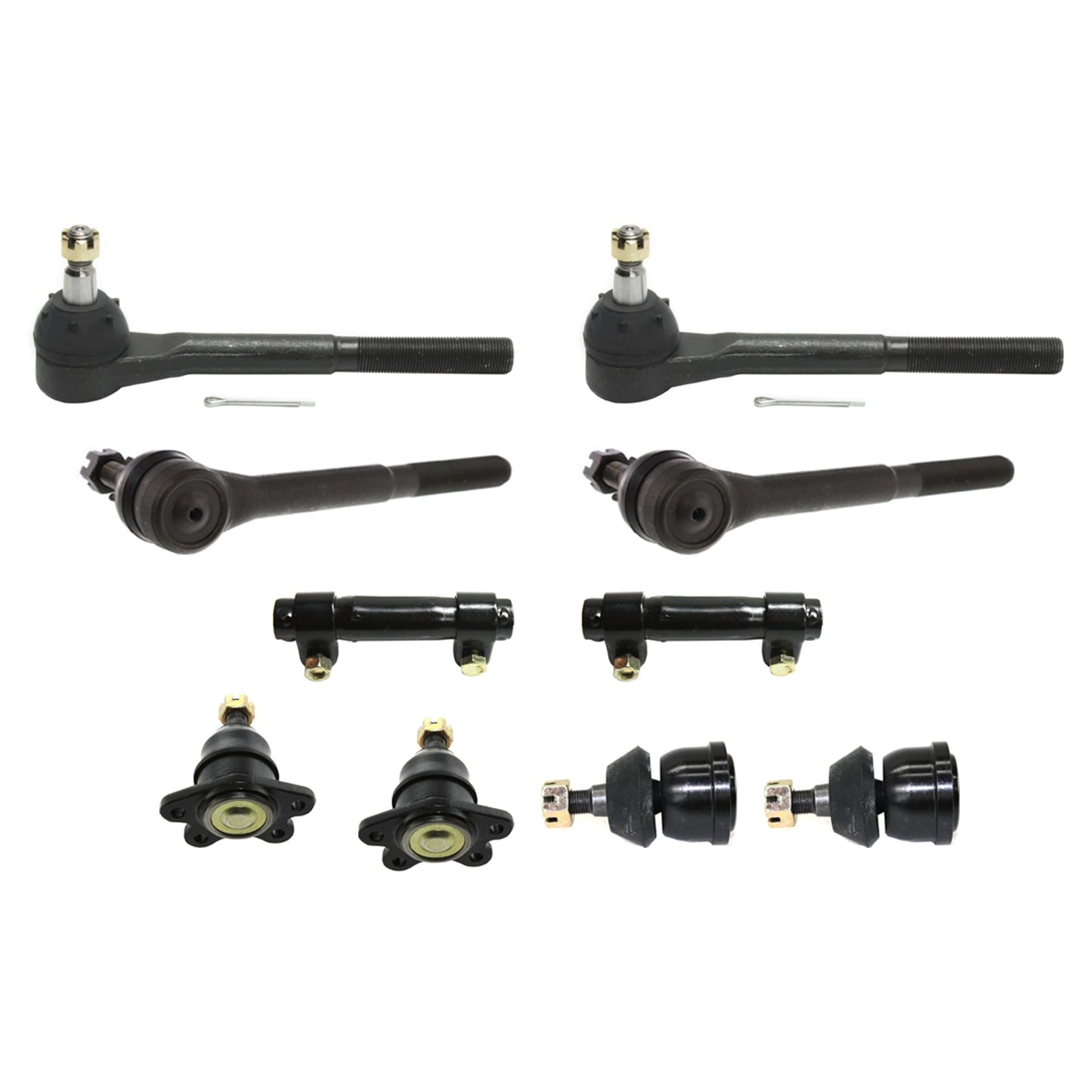 10-Piece Kit Front, Driver and Passenger Side, Upper and Lower Ball Joint, includes (4) Ball Joint, (2) Tie Rod Adjusting Sleeve, and (4) Tie Rod End