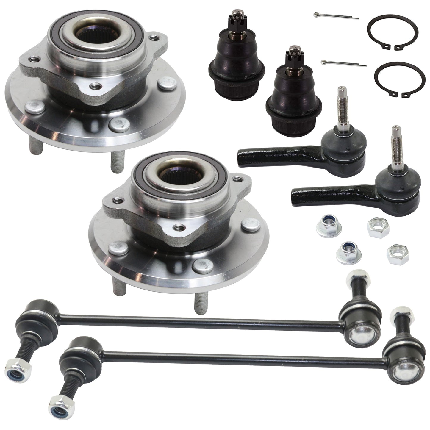 8-Piece Kit Front, Driver or Passenger Side Suspension Kit, Includes (2) Ball Joint, (2) Sway Bar Link, (2) Tie Rod End, and (2) Wheel Hub
