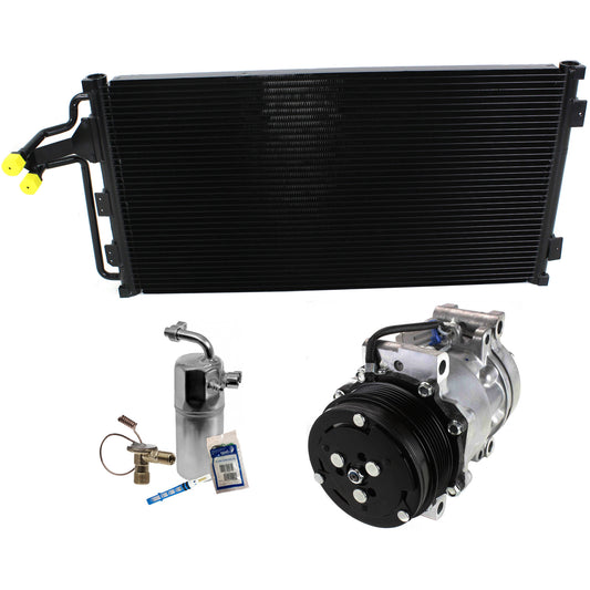 Комплект из 3-х компонентов: компрессор кондиционера, с муфтой, 6-канавочным шкивом, включает в себя (1) компрессор кондиционера, (1) конденсатор кондиционера и (1) комплект для обслуживания кондиционера