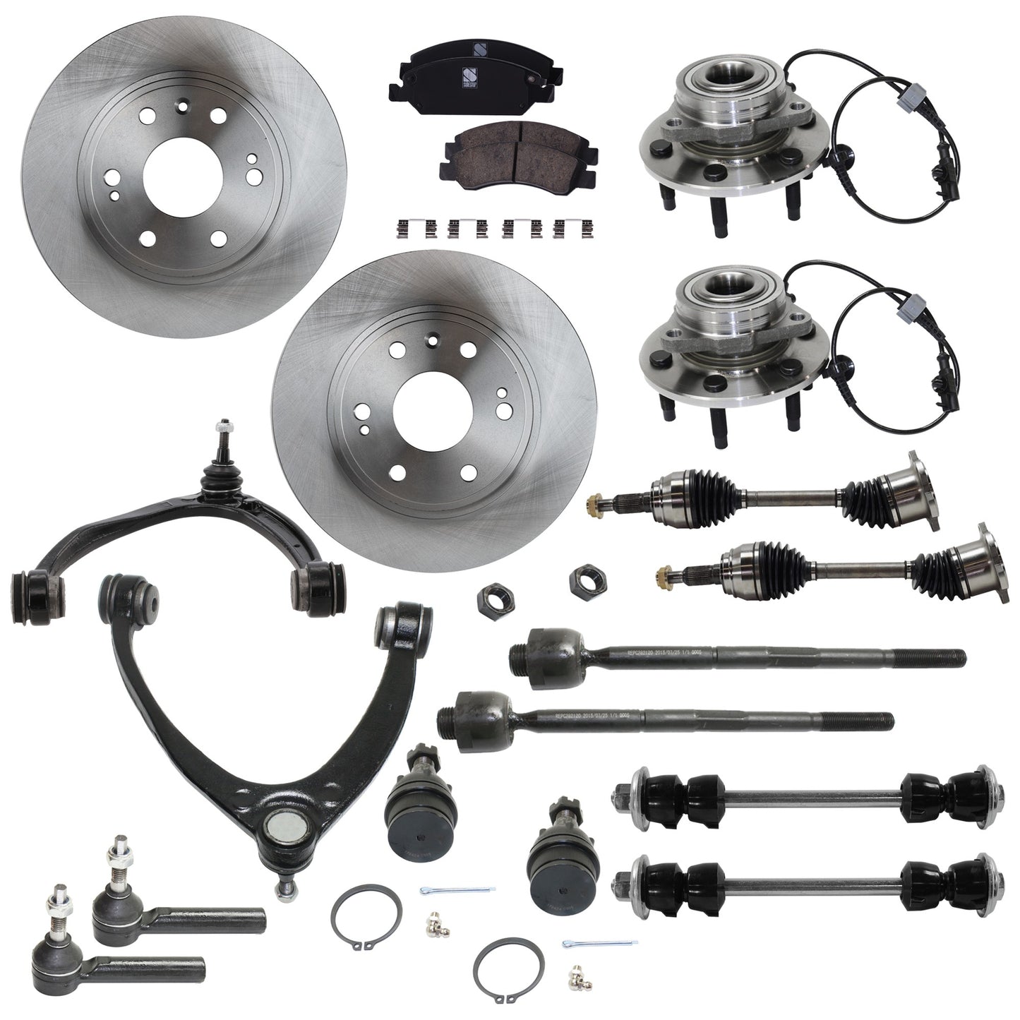 17-Piece Kit Front Suspension Kit, with Axle Assembly, Ball Joint, Brake Disc, Brake Pad Set, Control Arm, Sway Bar Link, Tie Rod End, and Wheel Hub