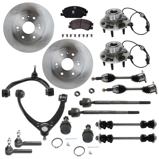 17-Piece Kit Front Suspension Kit, with Axle Assembly, Ball Joint, Brake Disc, Brake Pad Set, Control Arm, Sway Bar Link, Tie Rod End, and Wheel Hub