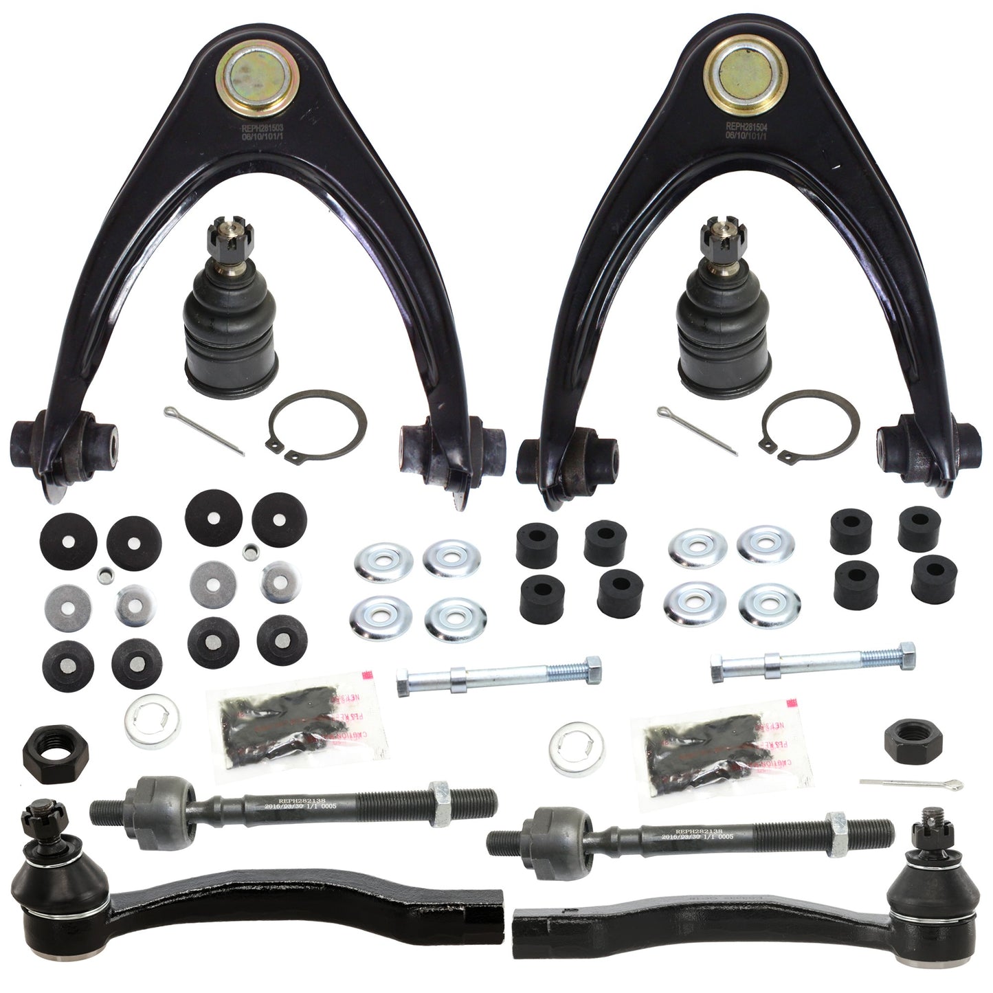 12-Piece Kit Front Suspension Kit, Includes (2) Ball Joint, (2) Control Arm, (2) Strut Mount Bushing, (2) Sway Bar Link, and (4) Tie Rod End