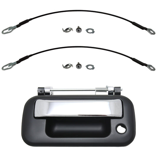 3-Piece Kit Tailgate Handle, Chrome Lever with Smooth Black Bezel, Plastic, Without Camera Hole, Includes (2) Tailgate Cable and (1) Tailgate Handle