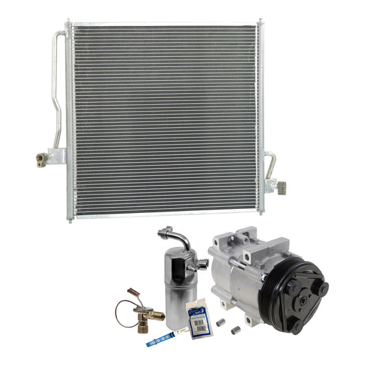 Комплект из 3-х компонентов: компрессор кондиционера, с муфтой, 6-канавочным шкивом, включает в себя (1) компрессор кондиционера, (1) конденсатор кондиционера и (1) комплект для обслуживания кондиционера