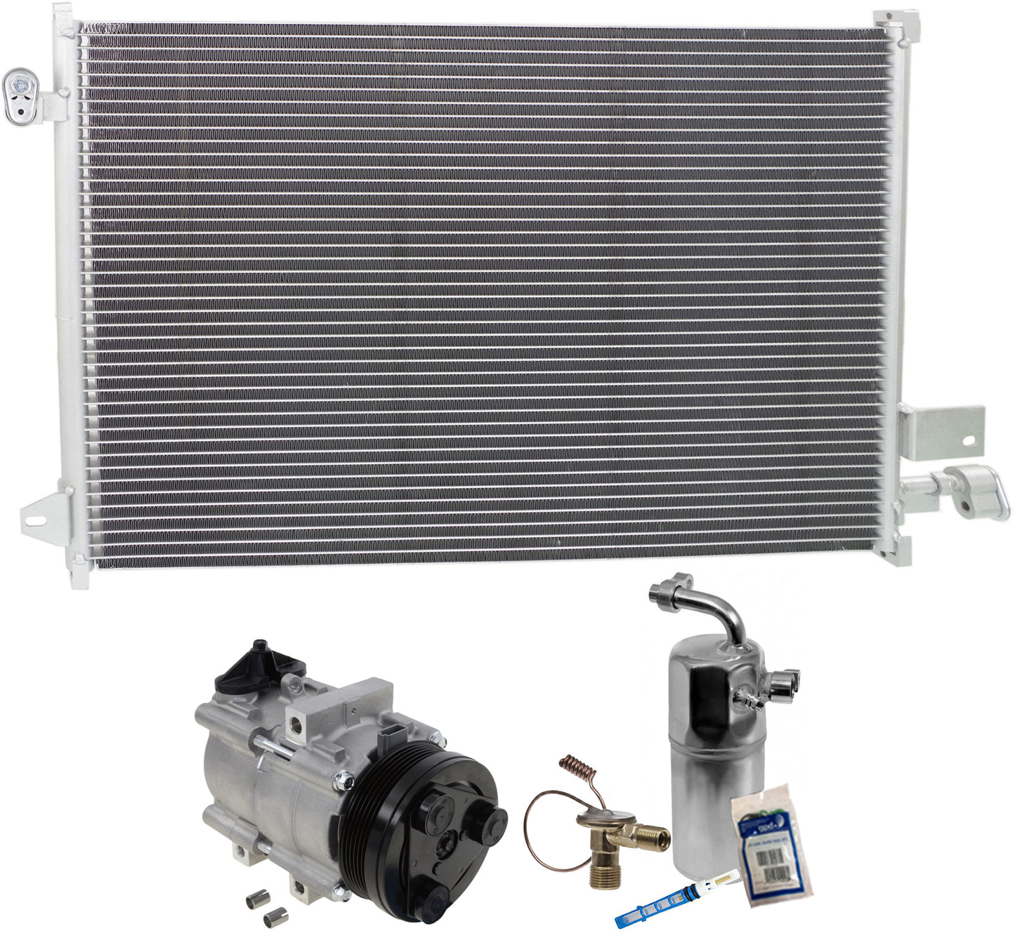 Комплект из 3-х компонентов: компрессор кондиционера, с муфтой, 6-канавочным шкивом, включает в себя (1) компрессор кондиционера, (1) конденсатор кондиционера и (1) комплект для обслуживания кондиционера