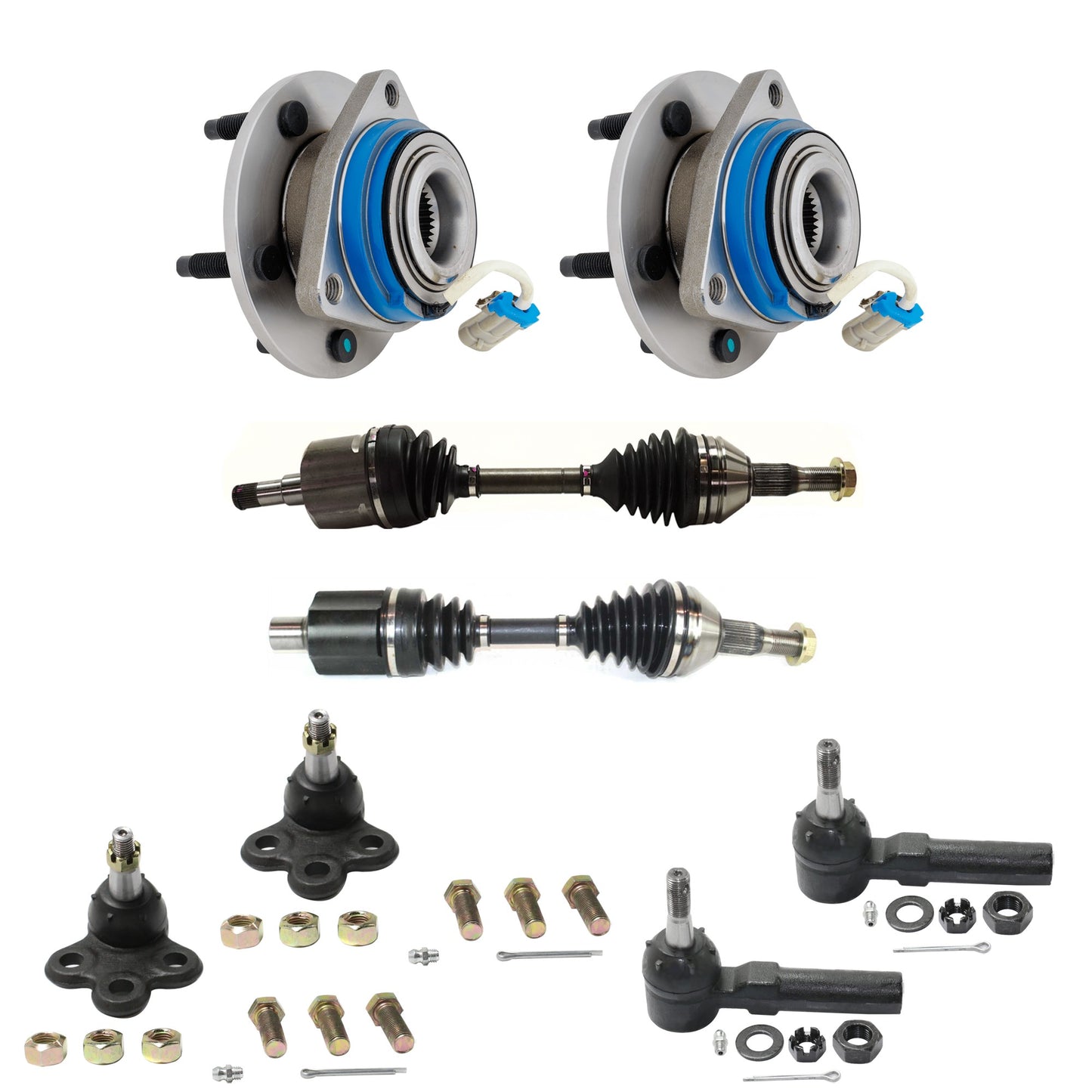 8-Piece Kit Front, Driver and Passenger Side Axle Assembly, includes (2) Axle Assembly, (2) Ball Joint, (2) Tie Rod End, and (2) Wheel Hub