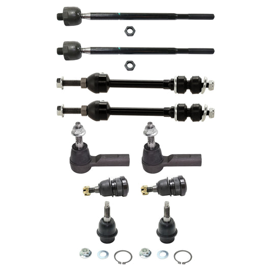 10-Piece Kit Front, Driver and Passenger Side, Upper and Lower Ball Joint, includes (4) Ball Joint, (2) Sway Bar Link, and (4) Tie Rod End