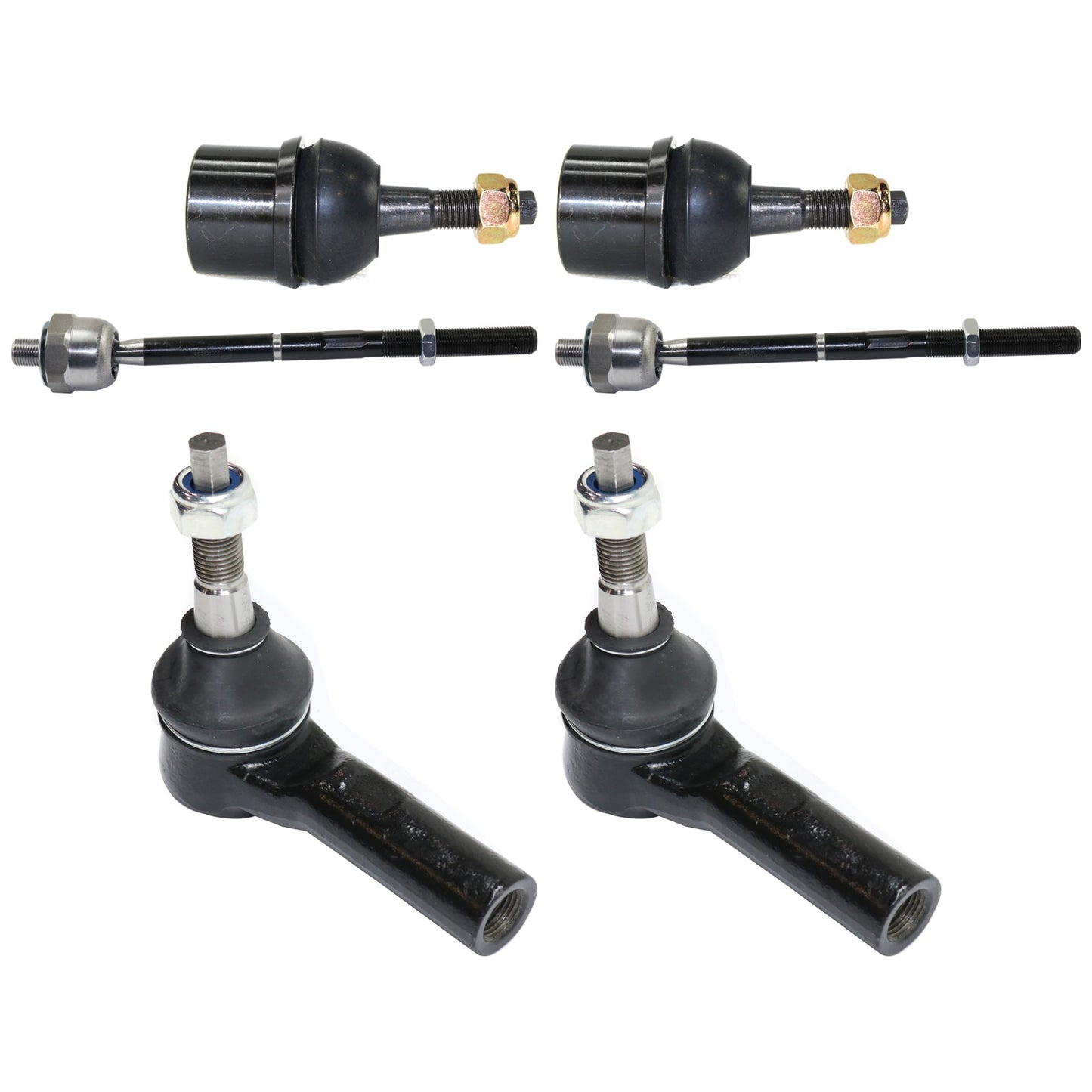 6-Piece Kit Front, Driver and Passenger Side, Lower Ball Joint, includes (2) Ball Joint and (4) Tie Rod End