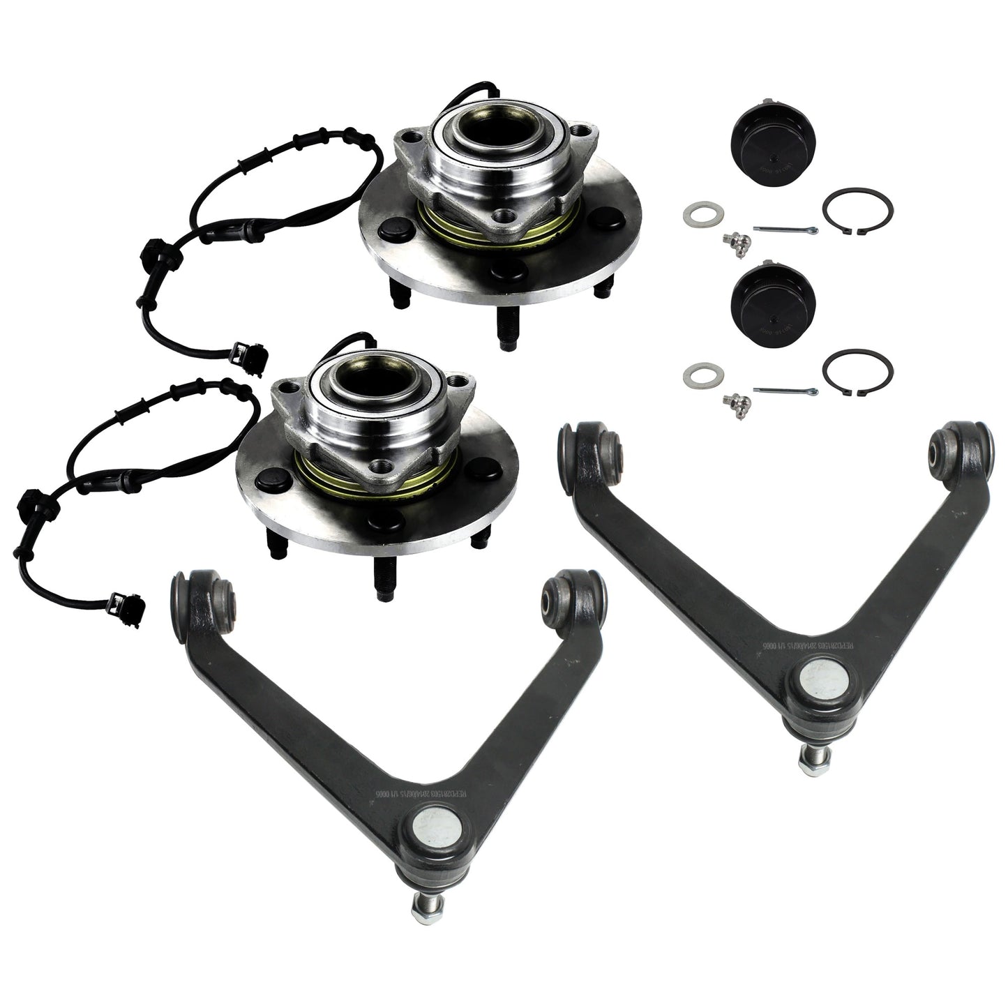 2-Wheel Set Front, Driver and Passenger Side Wheel Hub, 5 Lugs, With Bearing, With Sensor, Includes (2) Control Arm, (2) Ball Joint and (2) Wheel Hub