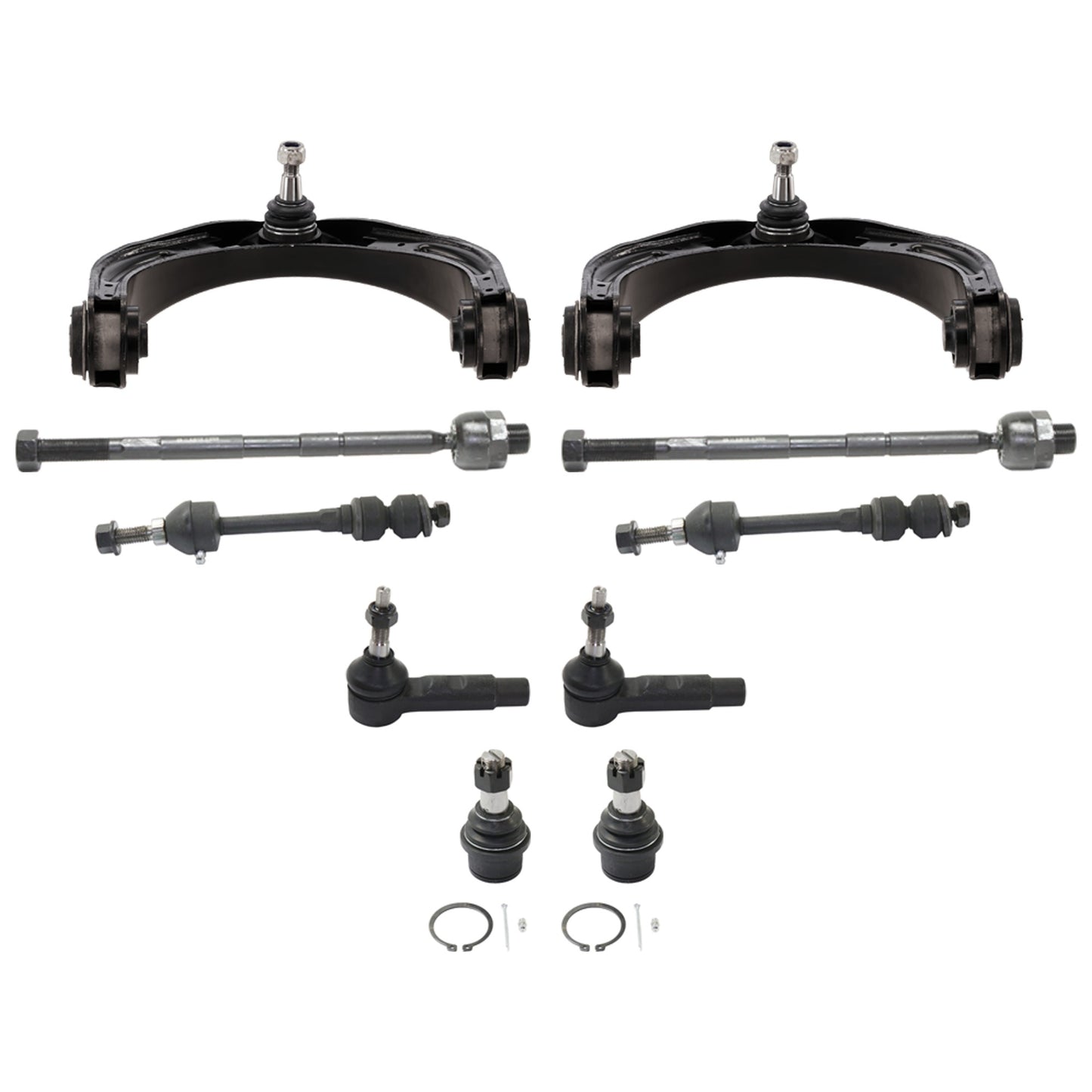 10-Piece Kit Front, Driver and Passenger Side, Upper Control Arm, Includes (2) Control Arm, (4) Tie Rod End, (2) Sway Bar Link and (2) Ball Joint