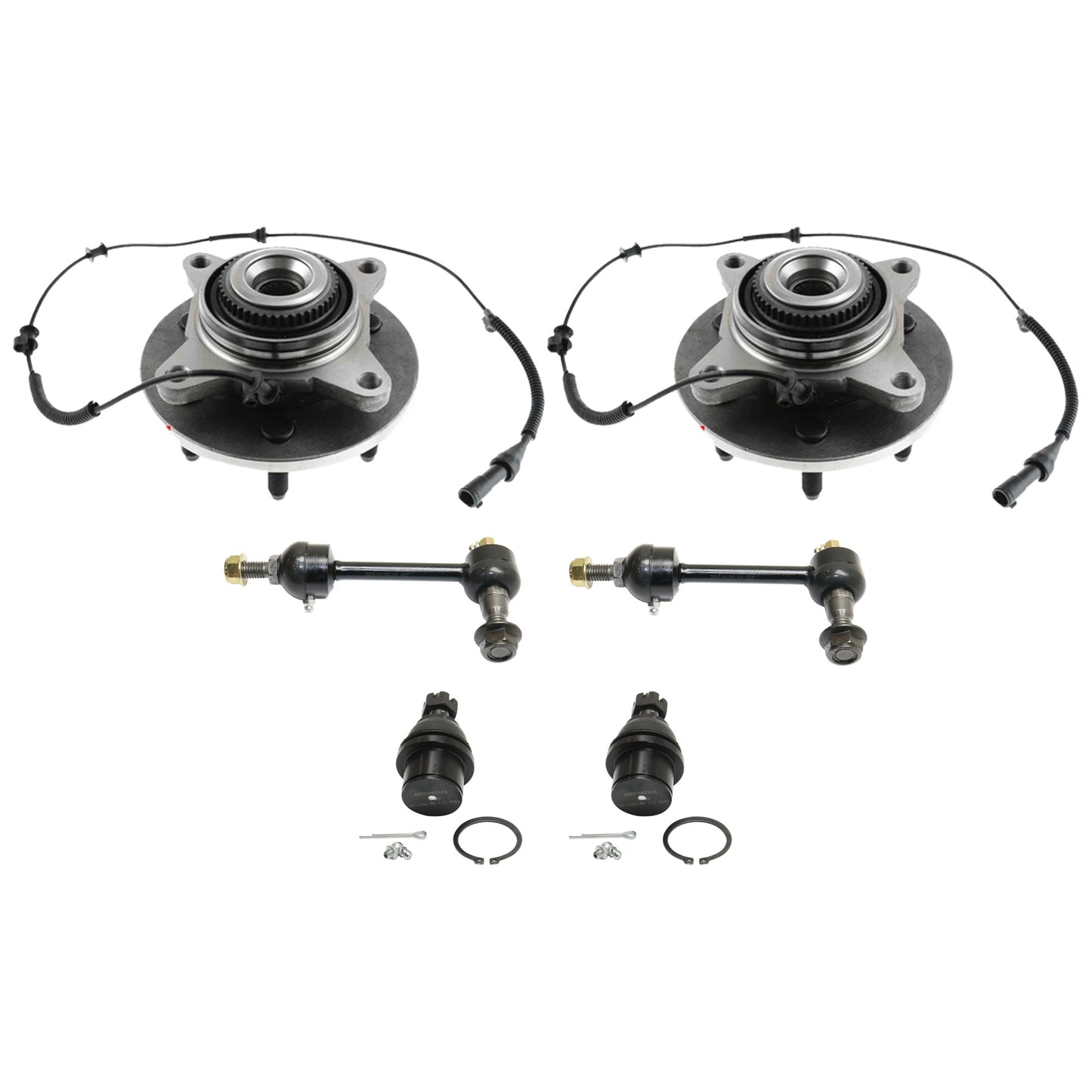 6-Piece Kit Front, Driver and Passenger Side Suspension Kit, Includes (2) Ball Joint, (2) Sway Bar Link, and (2) Wheel Hub