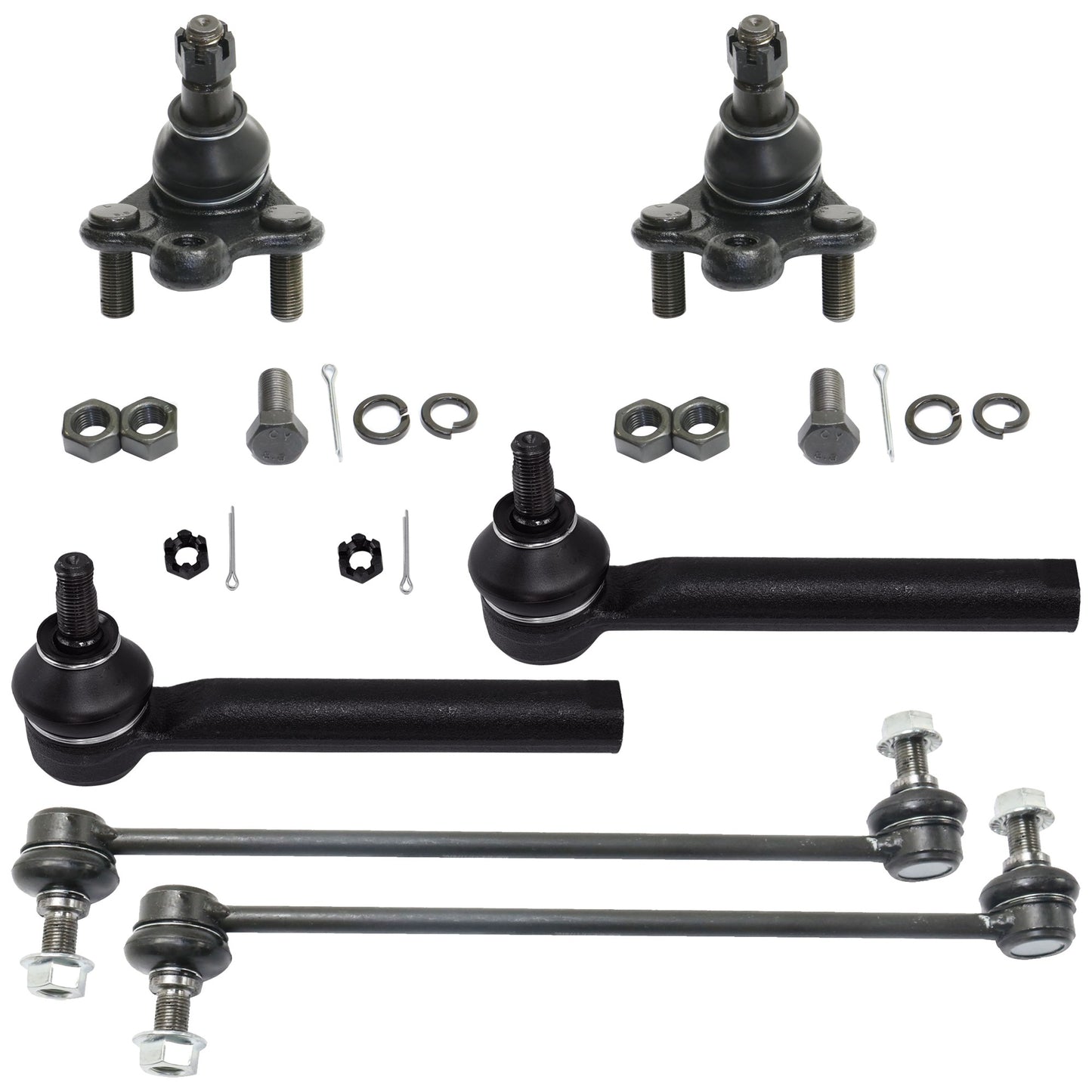 6-Piece Kit Front, Driver and Passenger Side Suspension Kit, Includes (2) Ball Joint, (2) Sway Bar Link, and (2) Tie Rod End