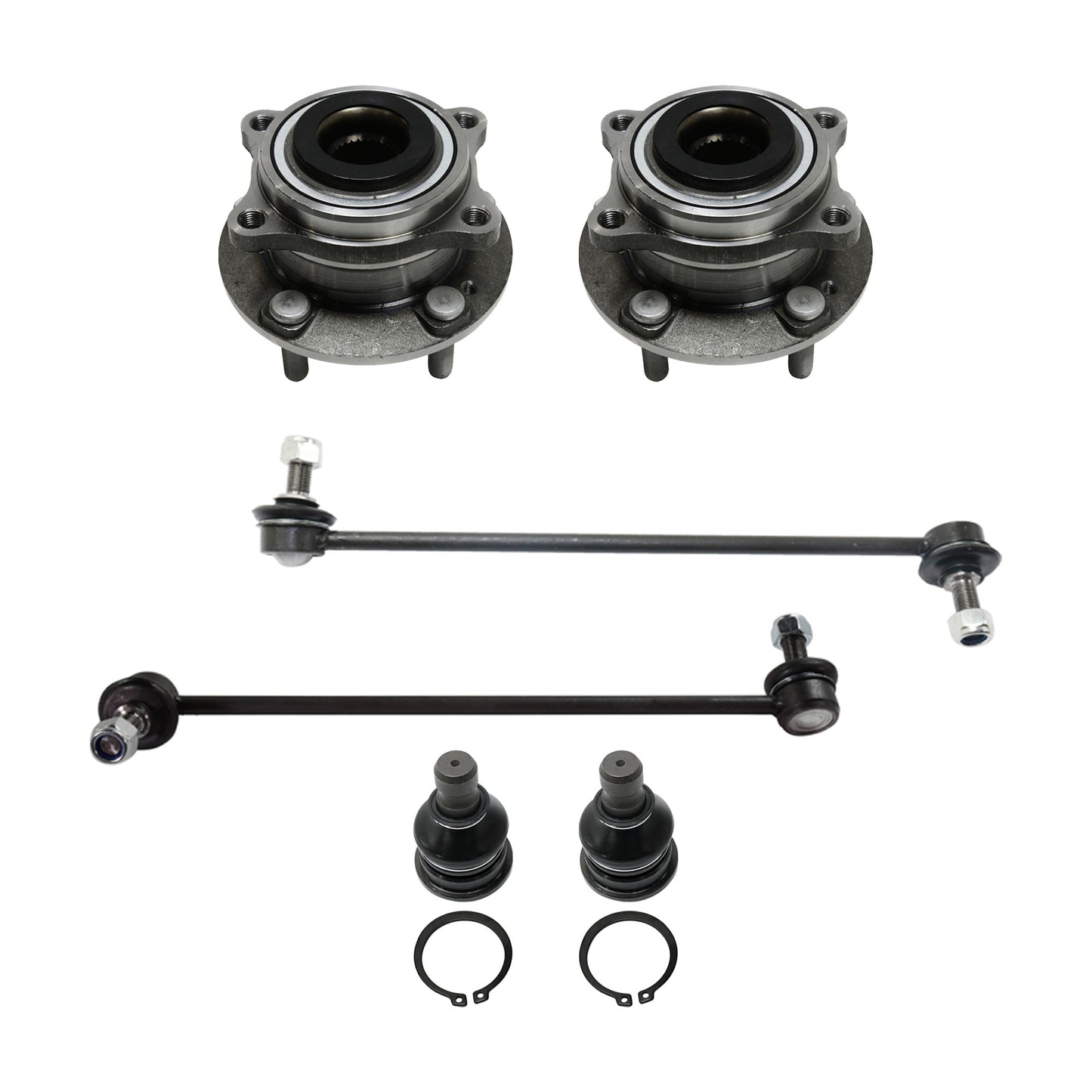 6-Piece Kit Front, Driver and Passenger Side Suspension Kit, Includes (2) Ball Joint, (2) Sway Bar Link, and (2) Wheel Hub