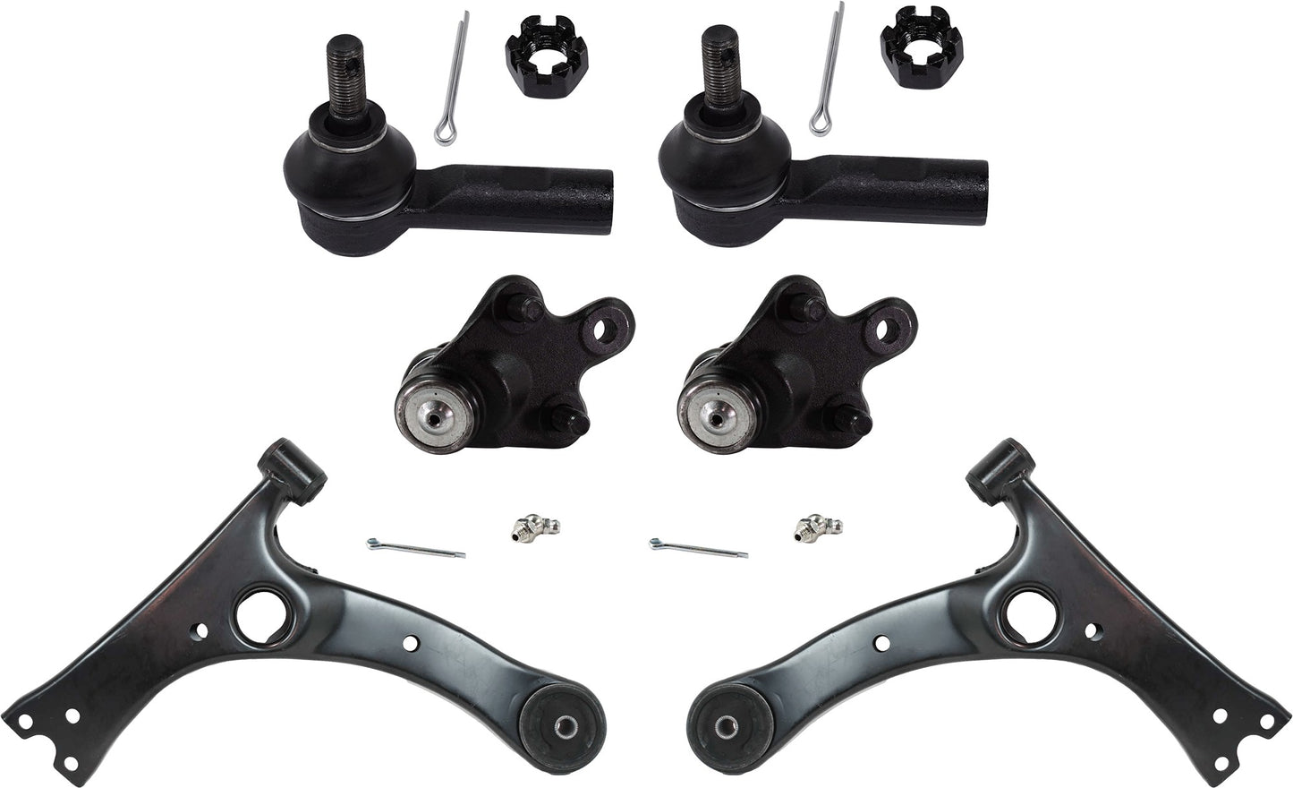6-Piece Kit Front, Driver and Passenger Side, Lower Control Arm, Includes (2) Control Arm, (2) Ball Joint and (2) Tie Rod End