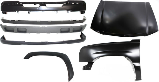 7-Piece Kit Front, Driver Side Fender, Includes (1) Bumper, (1) Bumper Cover, (1) Fender, (1) Fender Flares, (1) Hood and (2) Valance