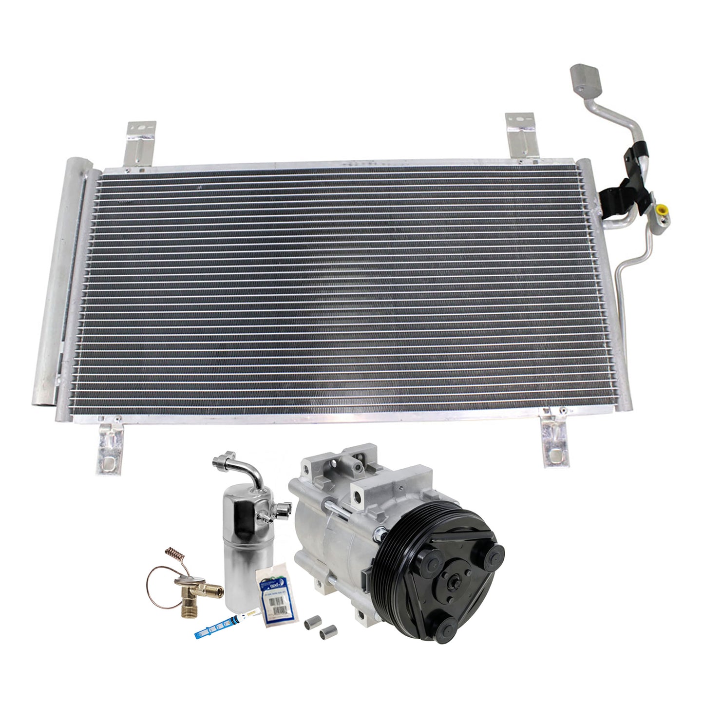 3-Piece Kit A/C Compressor Kit, With Clutch, 6-Groove Pulley, Includes (1) A/C Compressor, (1) A/C Condenser and (1) A/C Service Kit