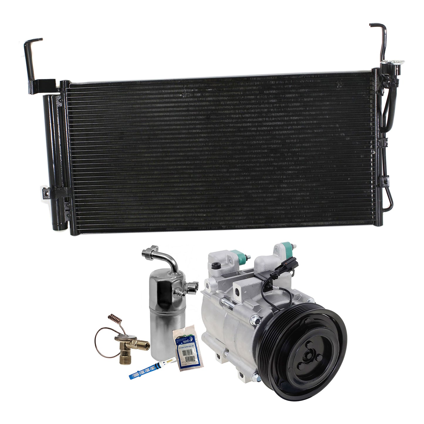 3-Piece Kit A/C Compressor Kit, With Clutch, 6-Groove Pulley, Includes (1) A/C Compressor, (1) A/C Condenser and (1) A/C Service Kit