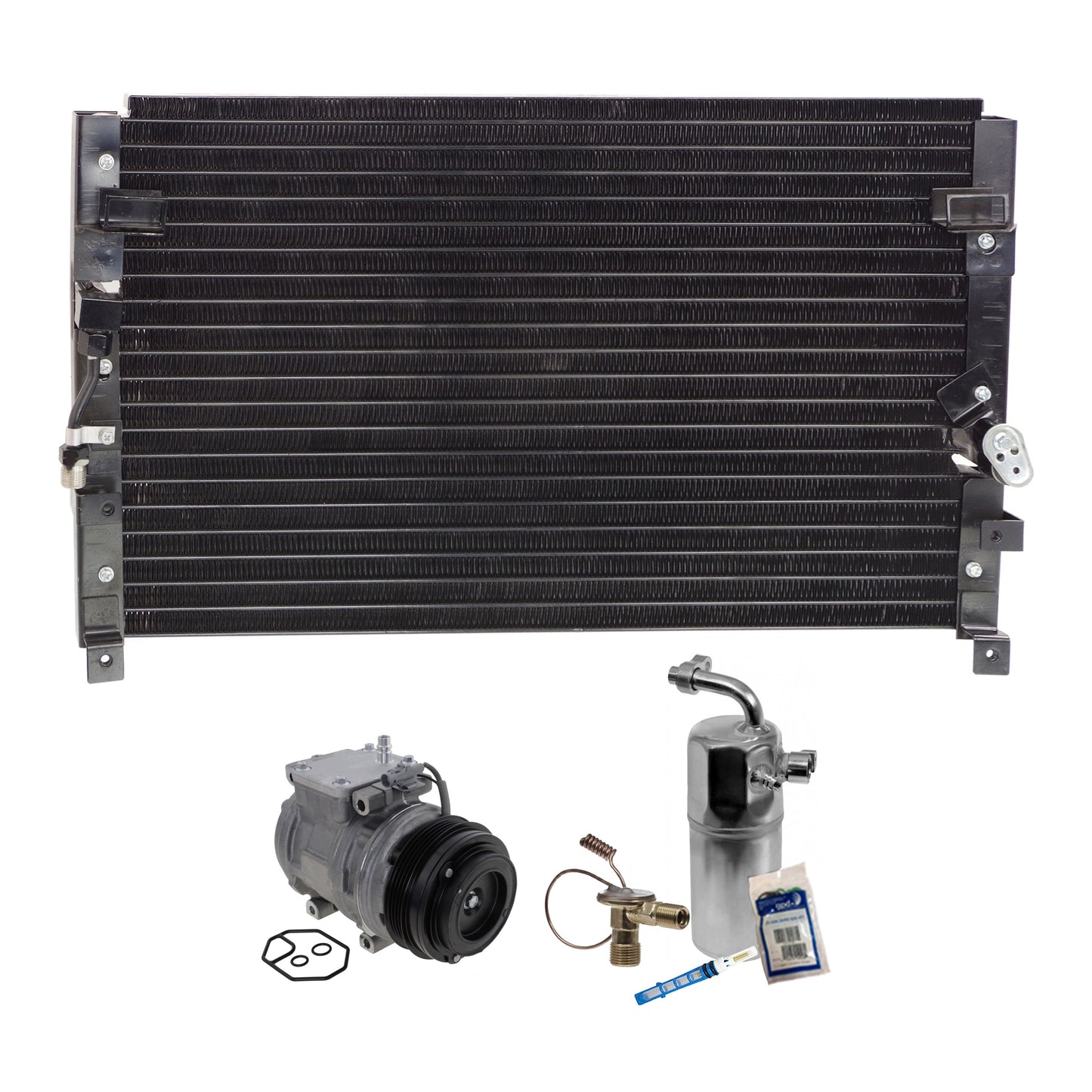 3-Piece Kit A/C Compressor Kit, With Clutch, 4-Groove Pulley, Includes (1) A/C Compressor, (1) A/C Condenser and (1) A/C Service Kit