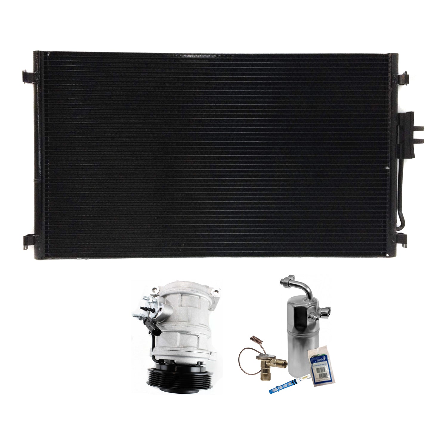 3-Piece Kit A/C Compressor Kit, With Clutch, 6-Groove Pulley, Includes (1) A/C Compressor, (1) A/C Condenser and (1) A/C Service Kit