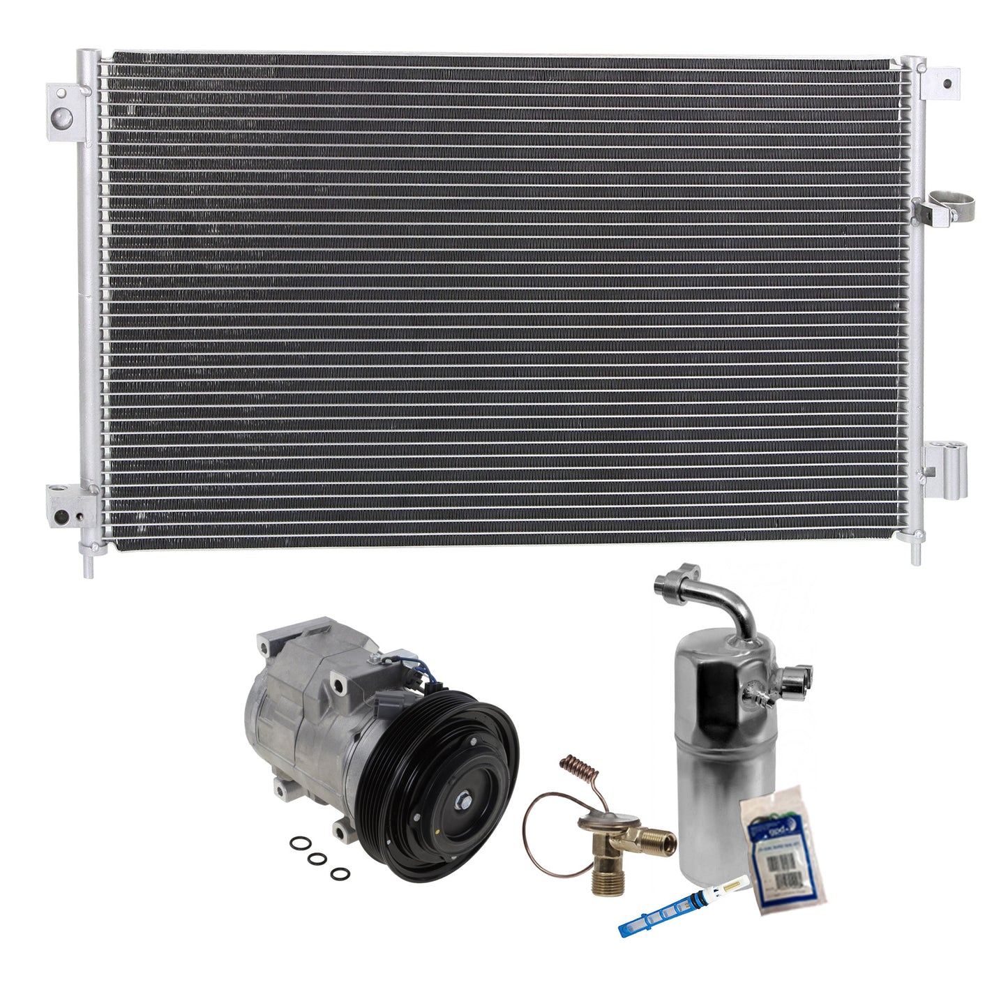 3-Piece Kit A/C Compressor Kit, With Clutch, 6-Groove Pulley, Includes (1) A/C Compressor, (1) A/C Condenser and (1) A/C Service Kit