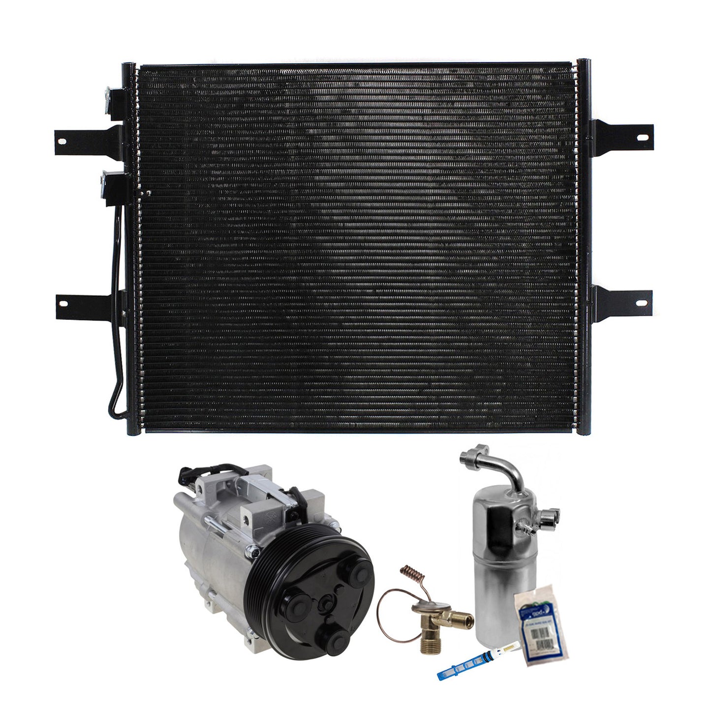 3-Piece Kit A/C Compressor Kit, With Clutch, 8-Groove Pulley, Includes (1) A/C Compressor, (1) A/C Condenser and (1) A/C Service Kit