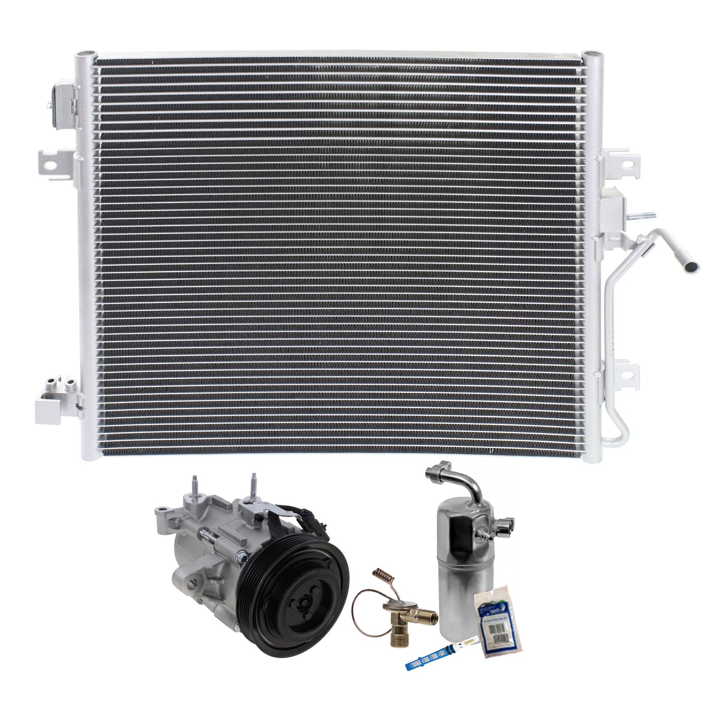 3-Piece Kit A/C Compressor Kit, With Clutch, 6-Groove Pulley, Includes (1) A/C Compressor, (1) A/C Condenser and (1) A/C Service Kit