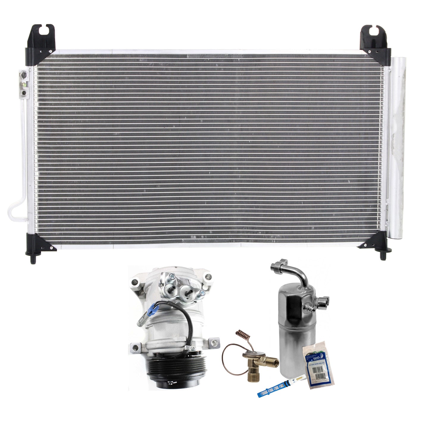 Комплект из 3-х компонентов: компрессор кондиционера, с муфтой, 6-канавочным шкивом, включает в себя (1) компрессор кондиционера, (1) конденсатор кондиционера и (1) комплект для обслуживания кондиционера