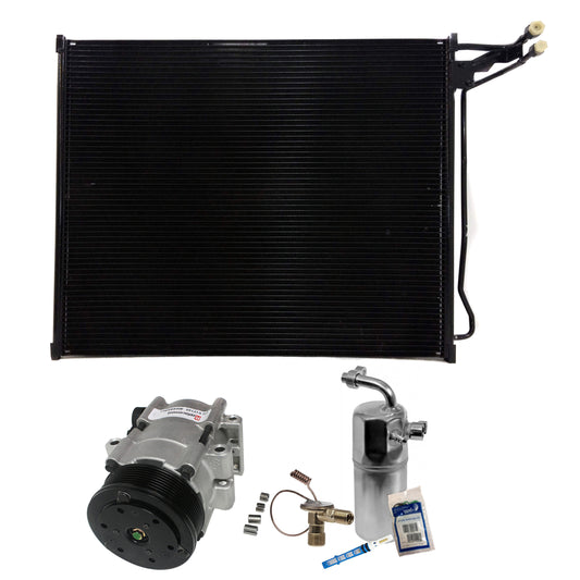 Комплект из 3-х компонентов: компрессор кондиционера, с муфтой, шкивом с 8 канавками, включает в себя (1) компрессор кондиционера, (1) конденсатор кондиционера и (1) комплект для обслуживания кондиционера