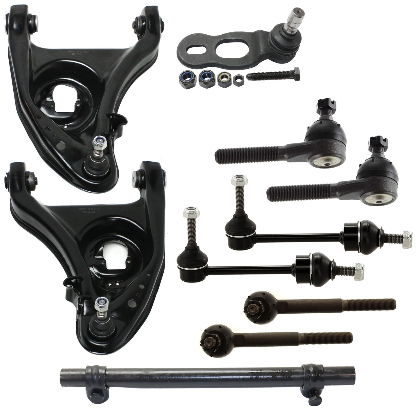 10-Piece Kit Front, Driver and Passenger Side, Upper and Lower, Inner and Outer Control Arm, (1) Ball Joint, (2) Control Arm, (2) Sway Bar Link, (1) Tie Rod Adjusting Sleeve, and (4) Tie Rod End