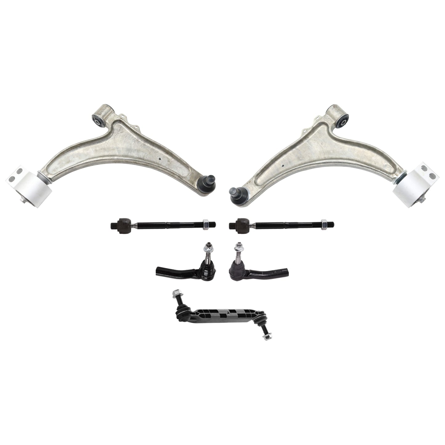 7-Piece Kit Front, Driver and Passenger Side, Lower Control Arm, includes (2) Control Arm, (1) Sway Bar Link, and (4) Tie Rod End