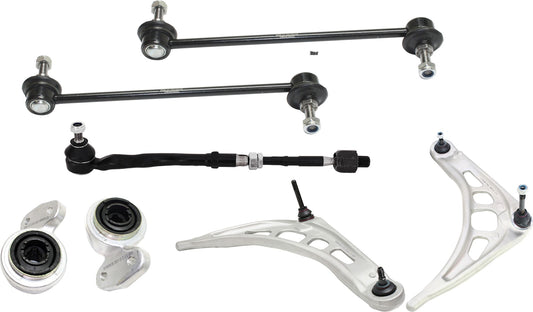 7-Piece Kit Front, Driver and Passenger Side, Lower Control Arm, Includes (2) Control Arm, (1) Control Arm Bushing, (2) Tie Rod Assembly and (2) Sway Bar Link