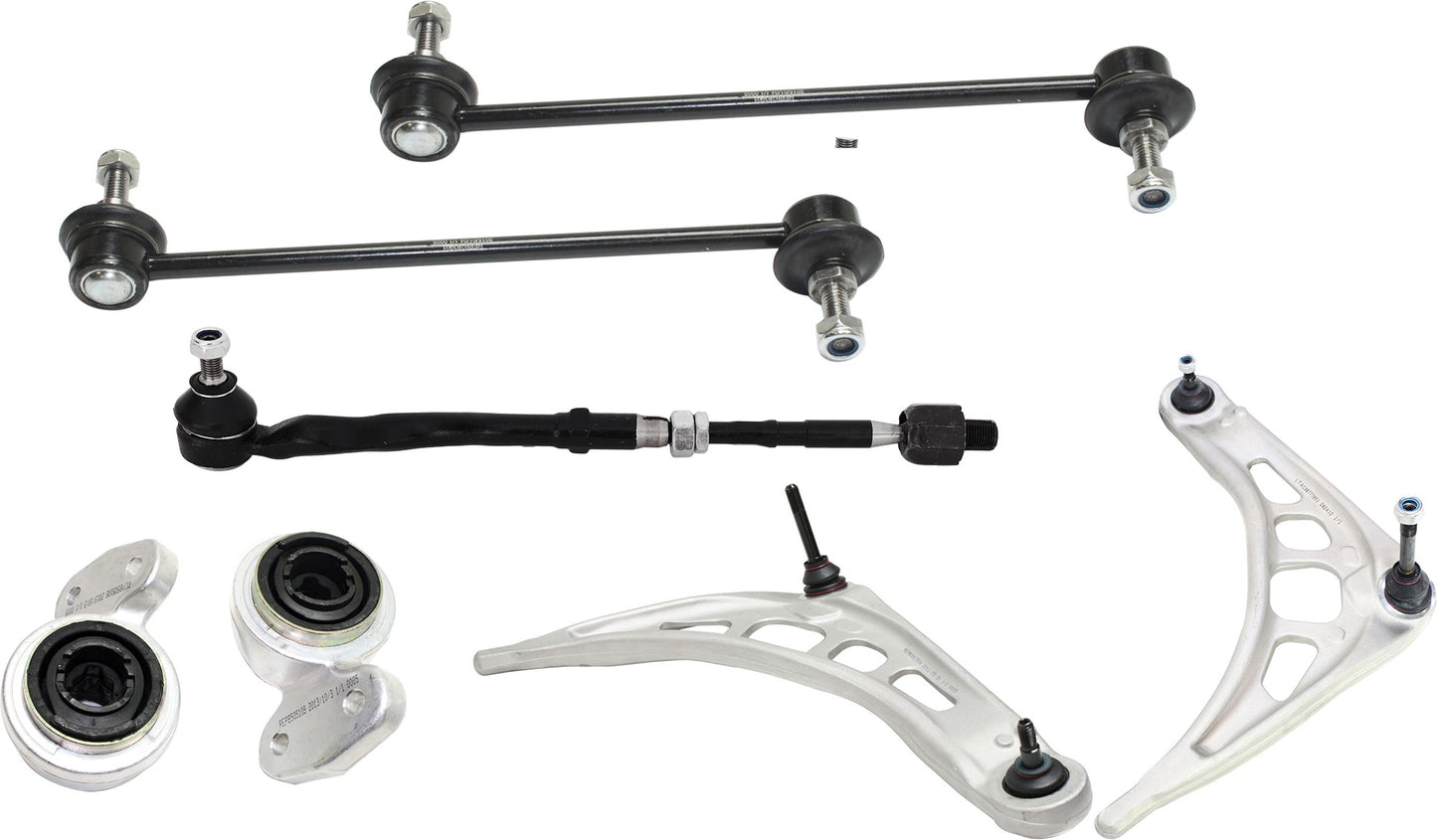 7-Piece Kit Front, Driver and Passenger Side, Lower Control Arm, Includes (2) Control Arm, (1) Control Arm Bushing, (2) Tie Rod Assembly and (2) Sway Bar Link