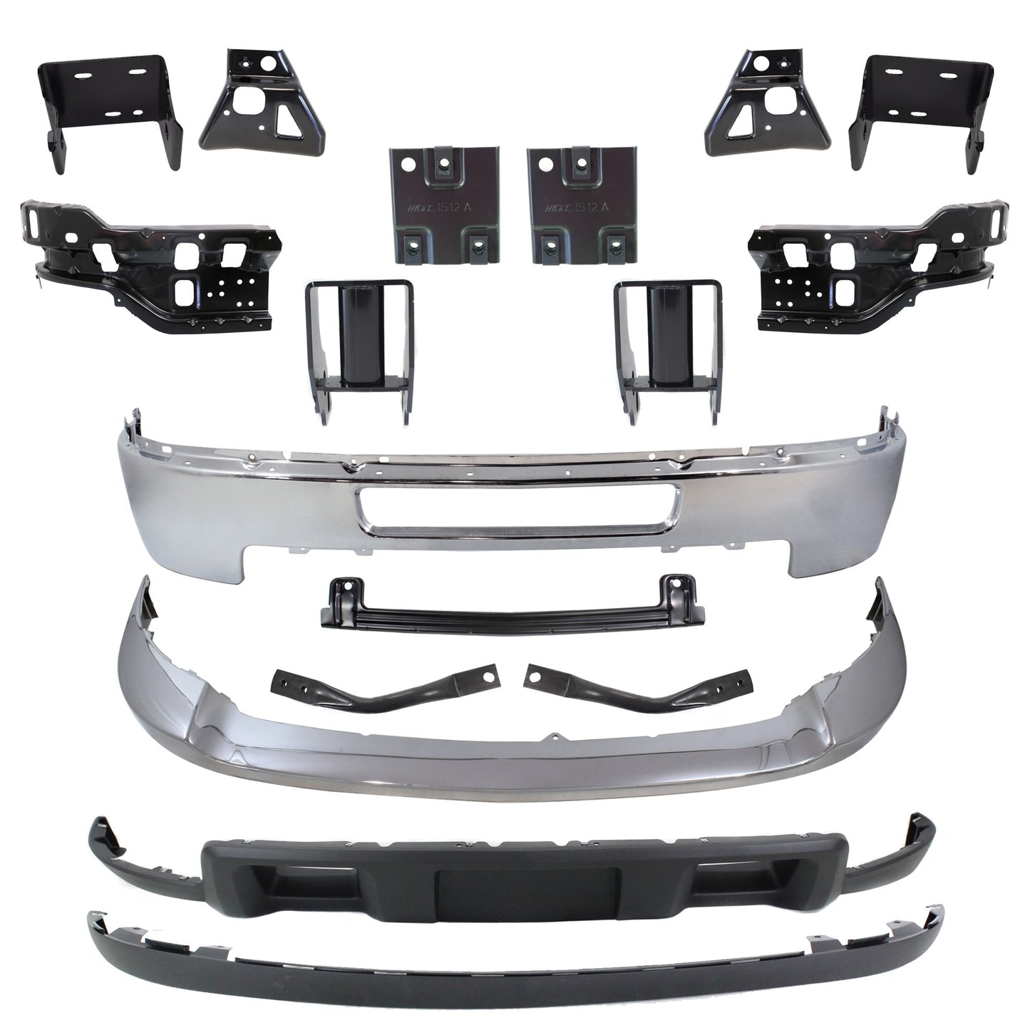 17-Piece Kit, Front Bumper, Chrome, Includes (1) Bumper, (12) Bumper Bracket, (1) Bumper Reinforcement, (1) Bumper Trim, and (2) Valance