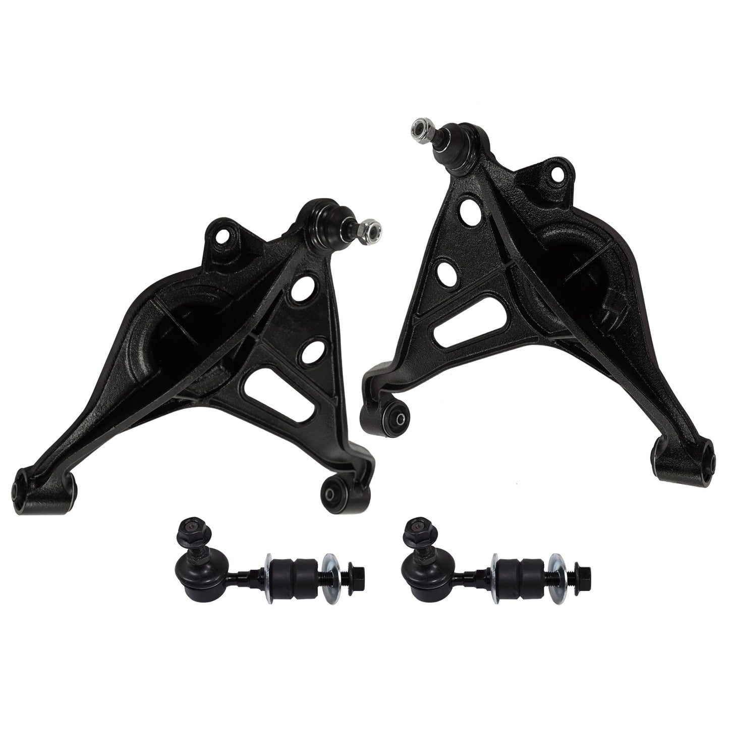 4-Piece Kit Front, Driver and Passenger Side, Lower Control Arm, includes (2) Control Arm and (2) Sway Bar Link