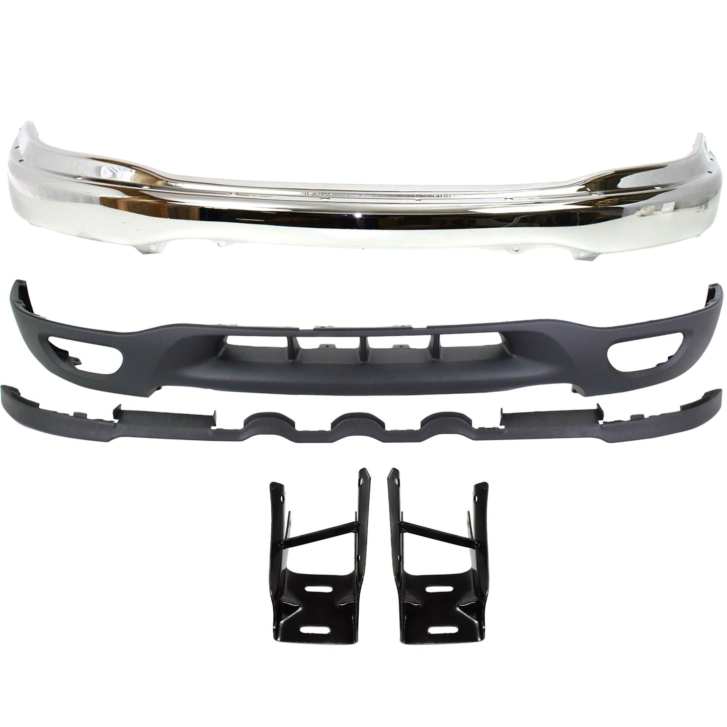 4-Piece Kit, Front Bumper, Chrome, Includes (1) Bumper, (2) Bumper Bracket, and (1) Valance