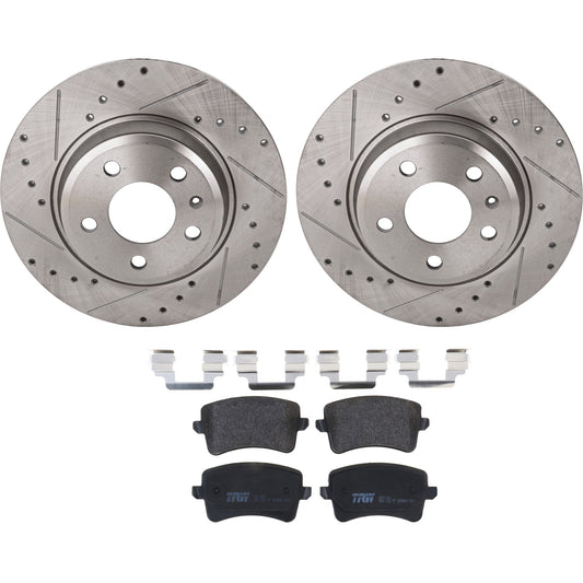 KIT-062924-219 2-Wheel Set Rear Brake Disc and Pad Kit, Cross-drilled and Slotted 5 Lugs 299.97 mm Semi-metallic, Includes (1) Brake Pad Set and (2) Brake Disc