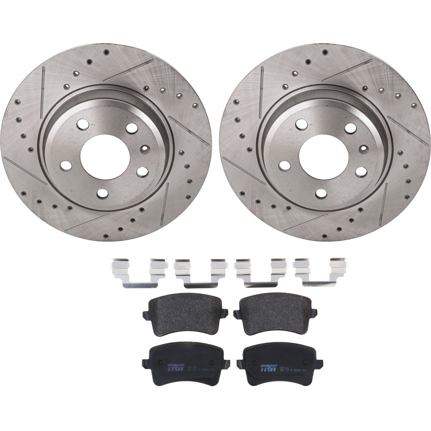 KIT-062924-219 2-Wheel Set Rear Brake Disc and Pad Kit, Cross-drilled and Slotted 5 Lugs 299.97 mm Semi-metallic, Includes (1) Brake Pad Set and (2) Brake Disc