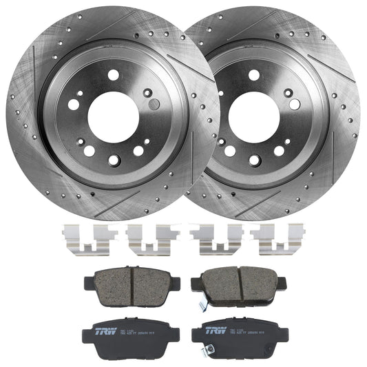 KIT-062924-61 2-Wheel Set Rear Brake Disc and Pad Kit, Cross-drilled and Slotted 5 Lugs 334.01 mm Ceramic, Includes (2) Brake Disc and (1) Brake Pad Set