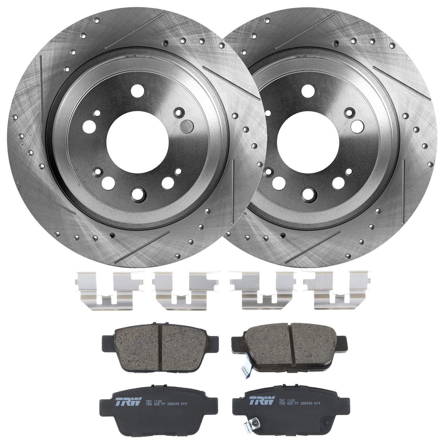 KIT-062924-61 2-Wheel Set Rear Brake Disc and Pad Kit, Cross-drilled and Slotted 5 Lugs 334.01 mm Ceramic, Includes (2) Brake Disc and (1) Brake Pad Set
