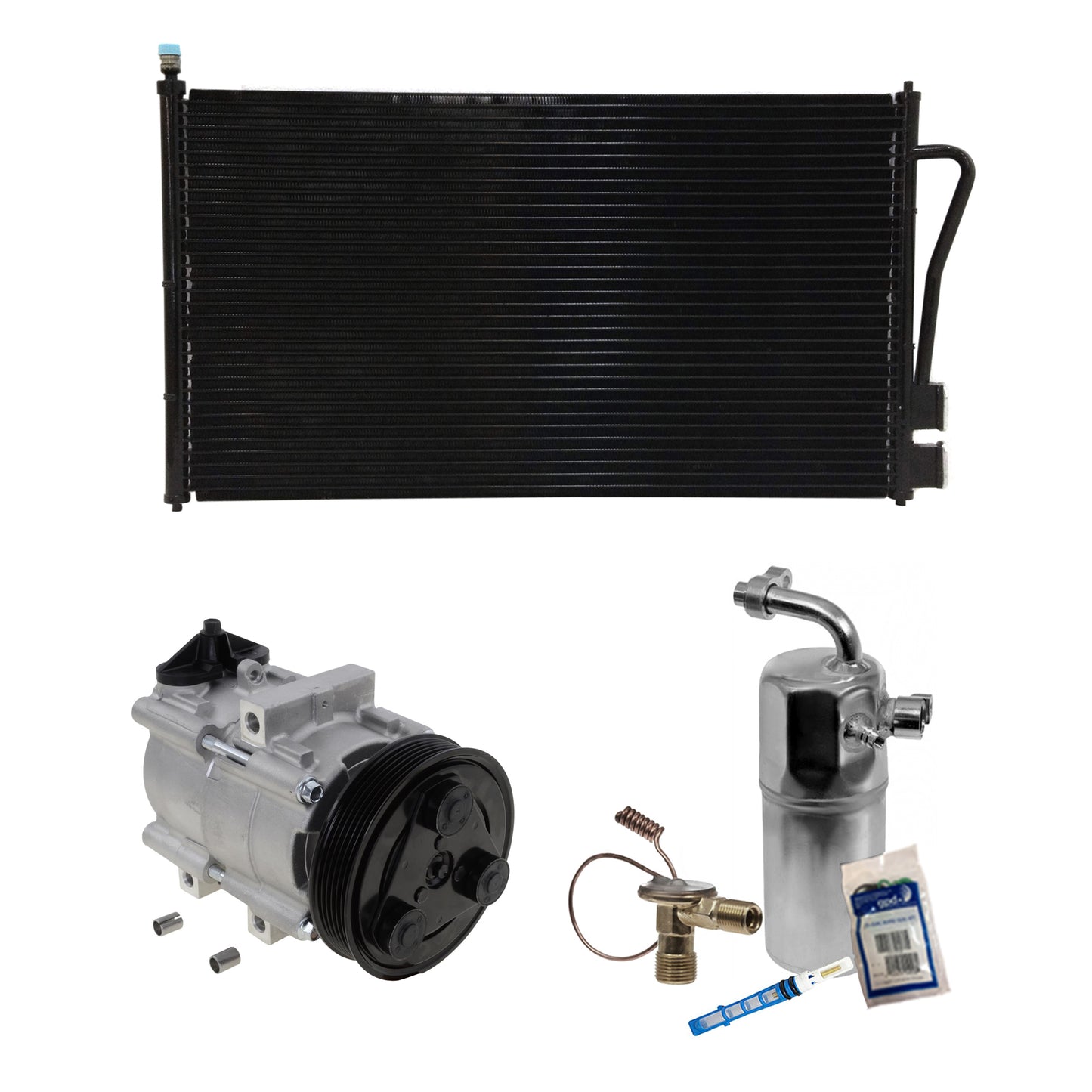 Комплект из 3-х компонентов: компрессор кондиционера, с муфтой, 6-канавочным шкивом, включает в себя (1) компрессор кондиционера, (1) конденсатор кондиционера и (1) комплект для обслуживания кондиционера