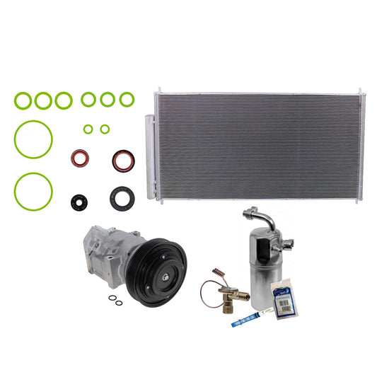 Комплект из 3-х компонентов: компрессор кондиционера, с муфтой, 6-канавочным шкивом, включает в себя (1) конденсатор кондиционера, (1) комплект для обслуживания кондиционера и (1) компрессор кондиционера