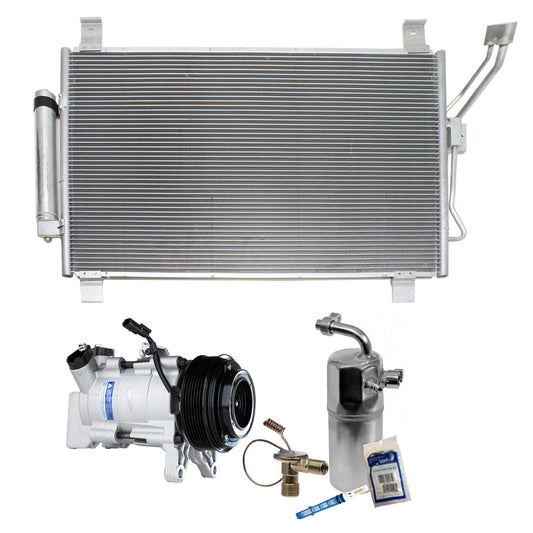 Комплект из 3-х компонентов: компрессор кондиционера, с муфтой, шкивом с 7 канавками, включает в себя (1) компрессор кондиционера, (1) конденсатор кондиционера и (1) комплект для обслуживания кондиционера