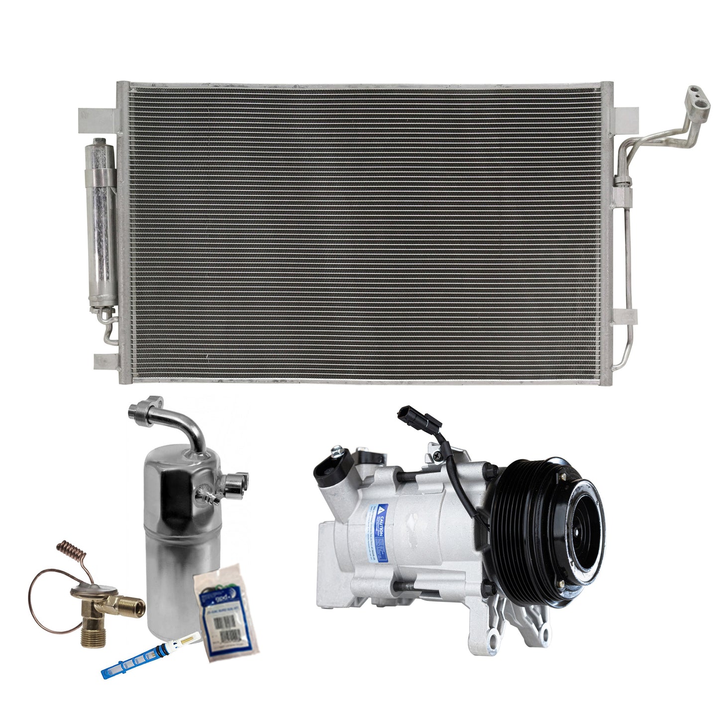 Комплект из 3-х компонентов: компрессор кондиционера, с муфтой, шкивом с 7 канавками, включает в себя (1) компрессор кондиционера, (1) конденсатор кондиционера и (1) комплект для обслуживания кондиционера