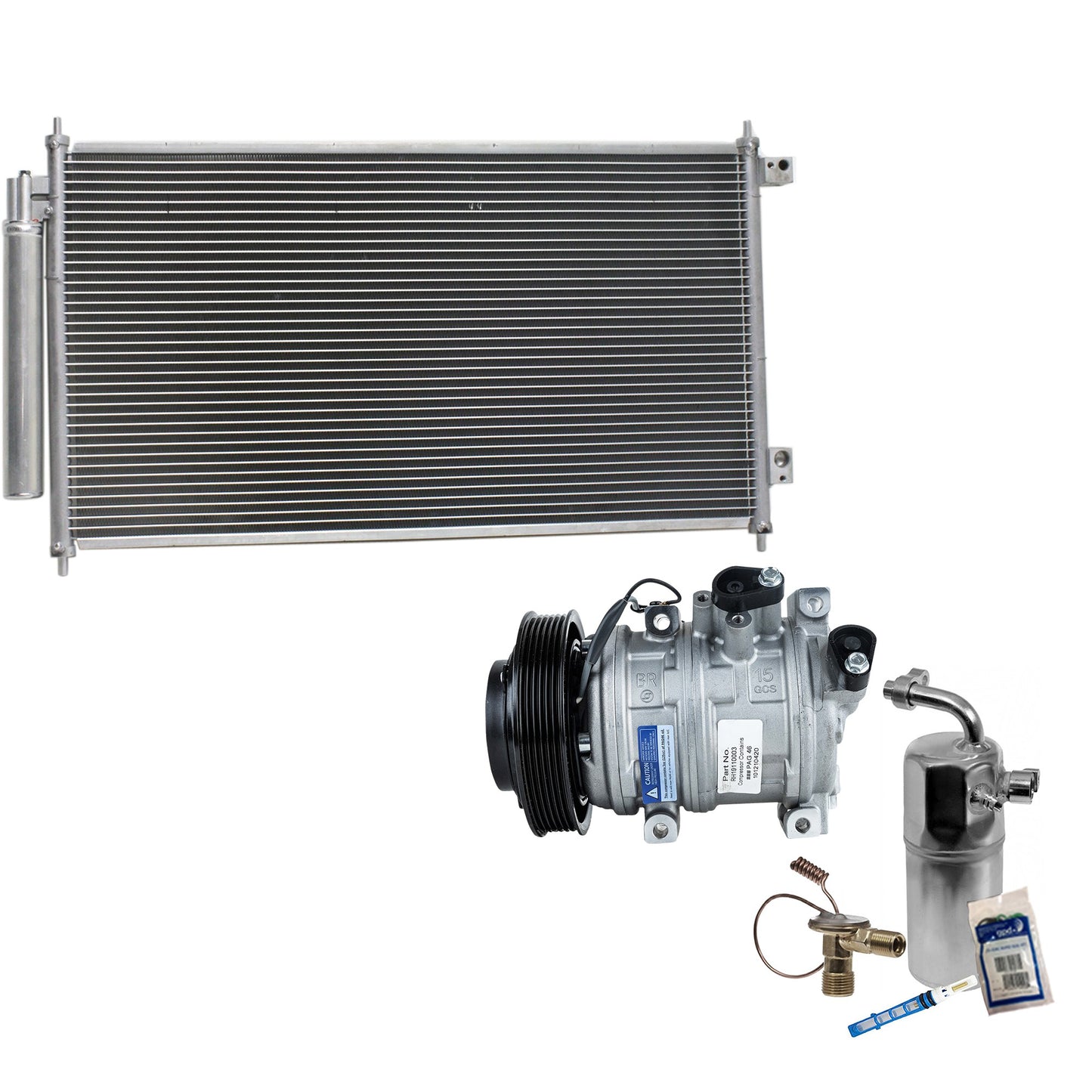 Комплект из 3-х компонентов: компрессор кондиционера, с муфтой, 6-канавочным шкивом, включает в себя (1) компрессор кондиционера, (1) конденсатор кондиционера и (1) комплект для обслуживания кондиционера